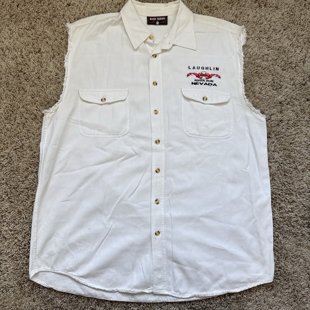 Vintage Y2K Biker Design Laughlin River Run 2001 Sleeveless Shirt Vest White 2XL